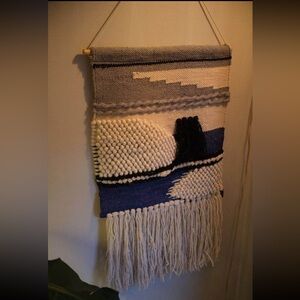 Wool Handwoven Textile Wall Hanging in Cream, Blue & Black
